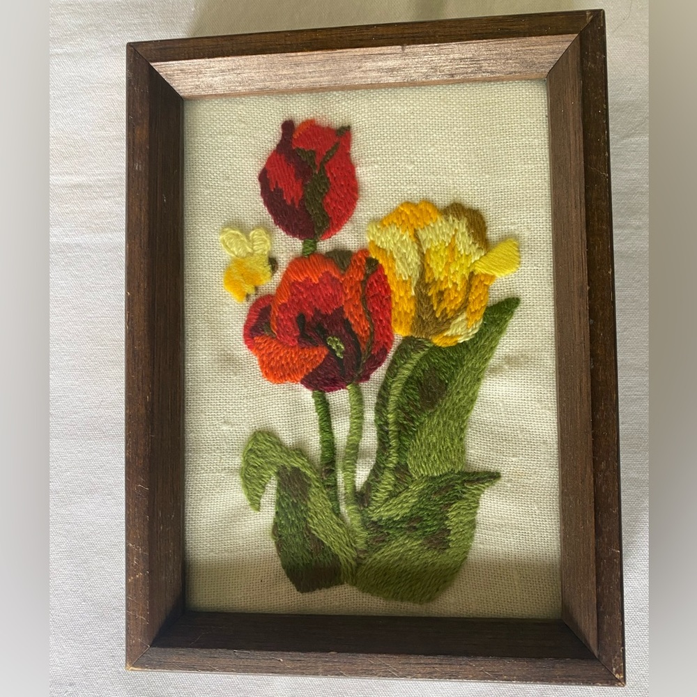 Vintage Bee and Tulip Crewel Wood Framed 8 inches x 6 inches